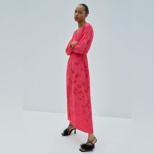 Zara Long Fuchsia Pink Jacquard Wrap Dress, small
